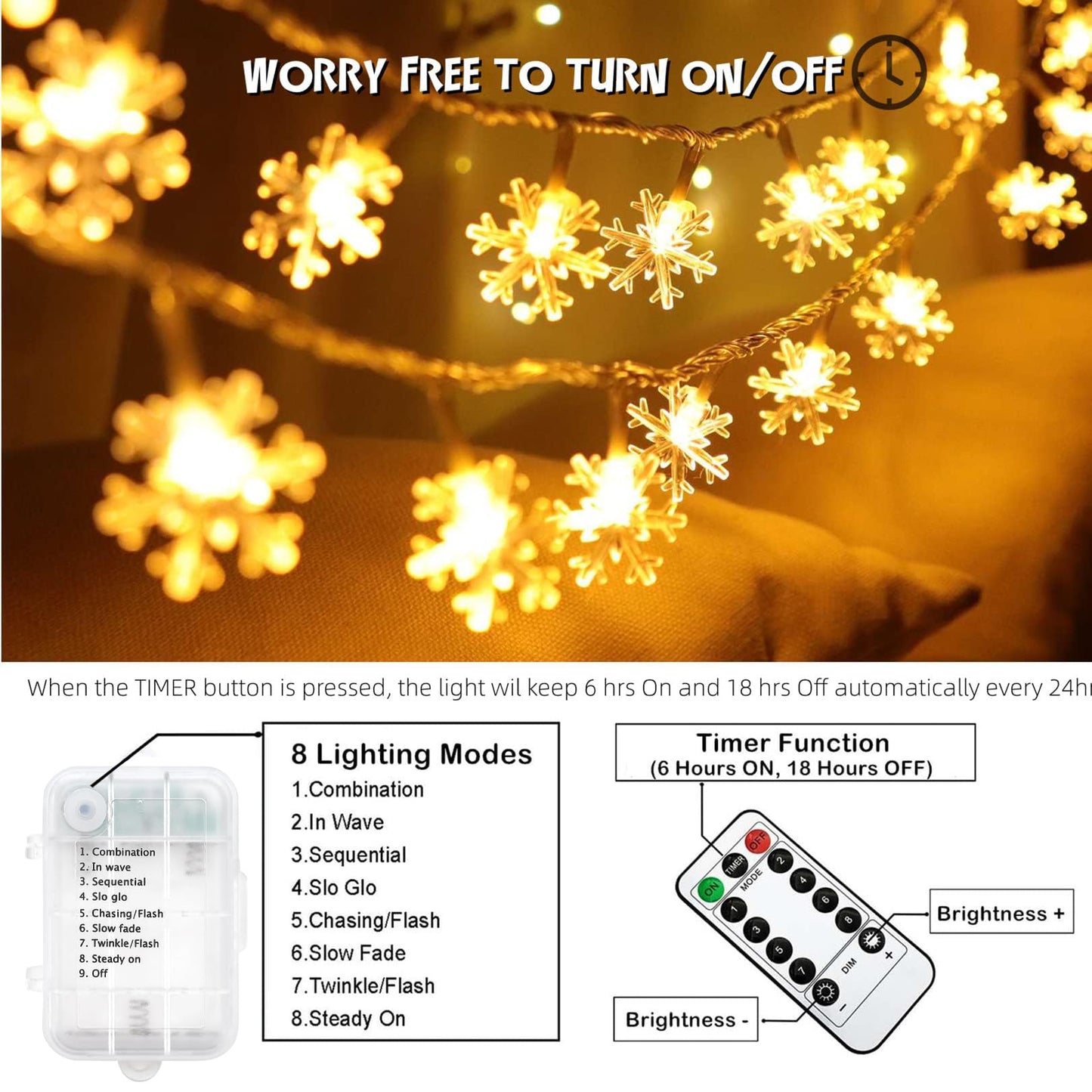 Christmas Snowflake Lights, 20 FT 40 LED Battery Operated String Lights with Remote, 8 Modes Timer Waterproof Hanging Decor Bedroom Room Party Wall Indoor Outdoor Xmas Tree Decorations Warm White