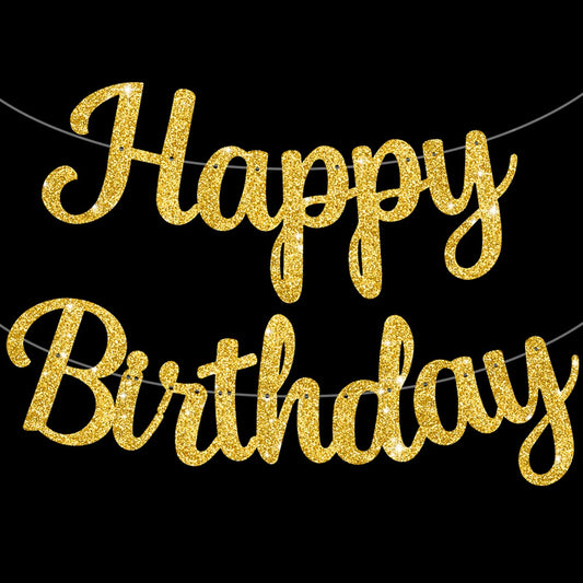 BEISHIDA Happy Birthday Banner - NO DIY,Gold 10Feet Pre-Strung-Glitter Birthday Sign Garland Backdrop Decorations for Women men Party