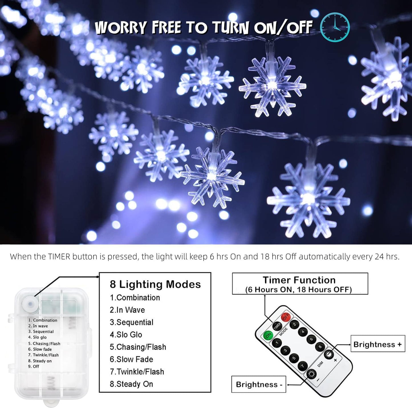 Christmas Snowflake String Lights, 20 FT 40 LED Battery Operated Fairy Lights with Remote, 8 Modes Timer Hanging Decor for Bedroom Patio Party Wall Indoor Outdoor Xmas Tree Decorations Cool White