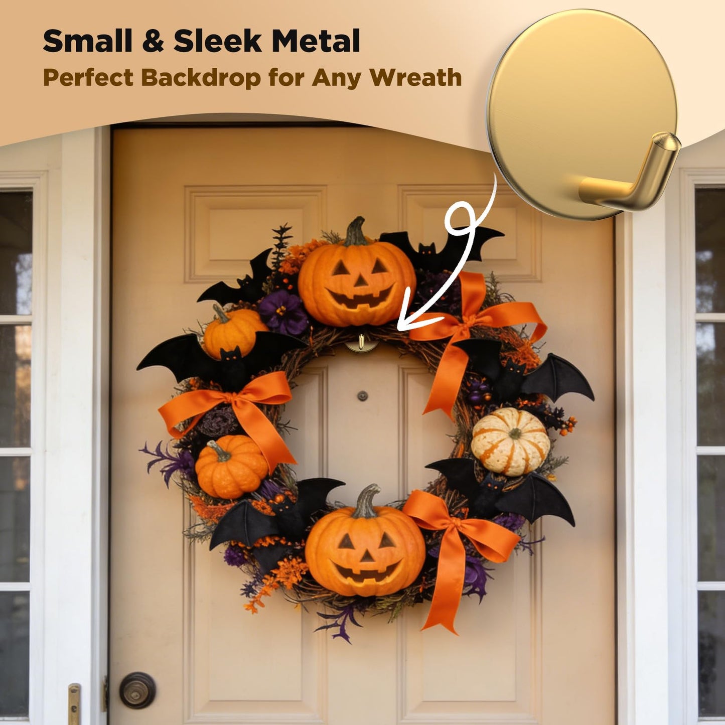 OUTXE Adhesive Wreath Hanger, Heavy Duty Reef Hook | for Front Door Glass Window | for Christmas/Thanksgiving/Halloween/July 4th/Easter/Valentine/Fall/Summer/Spring (Gold, 2-Pack)