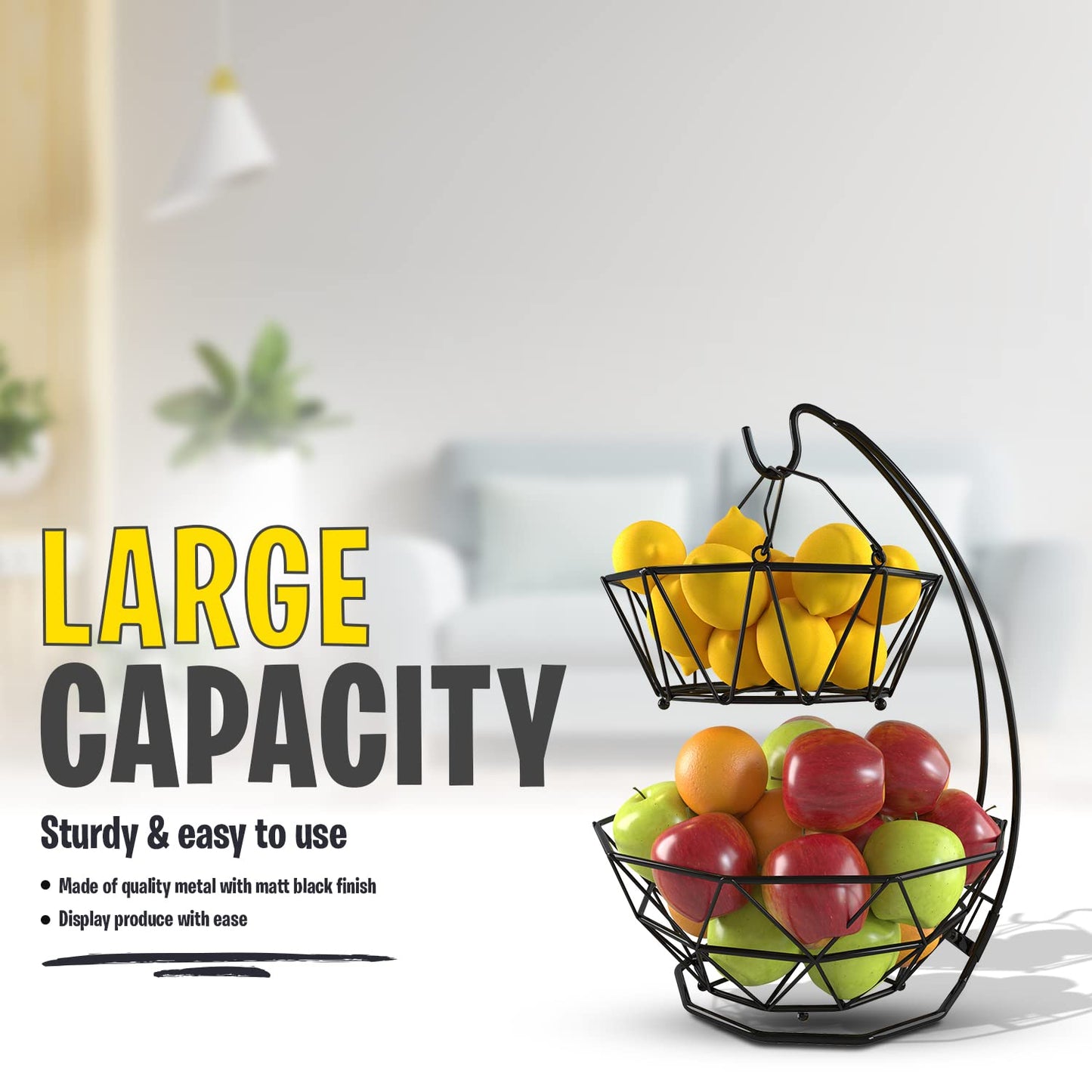 Fruit Basket with Banana Hanger and Fruit Bowl. Kitchen Counter Fruit Bowl with Banana Holder used as Bread, Vegetable or Produce Basket, Egg Holder, 2 Tier
