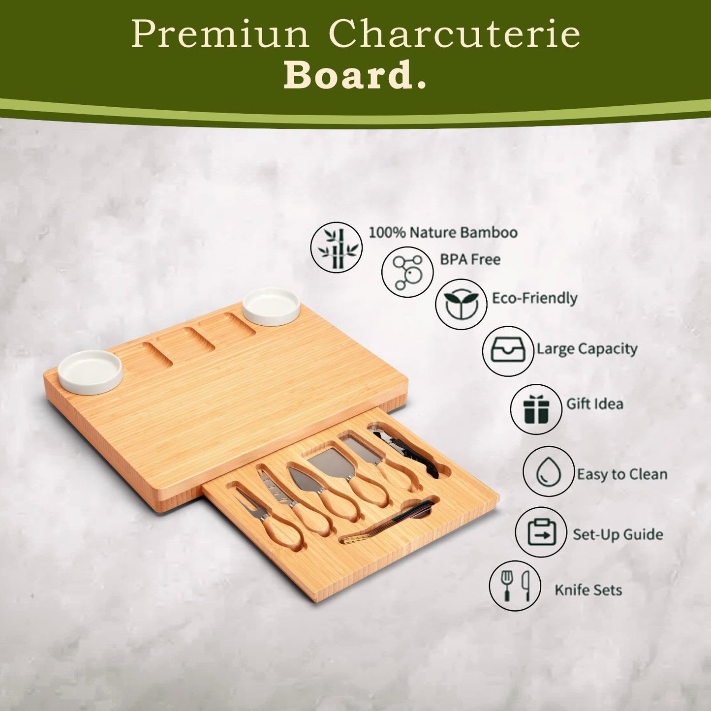 Charcuterie Board and Cheese Board Set with Knives, Bowls, Color Forks & Wine Opener – Premium Appetizer Platter with Compartments, Eco Friendly Charcuterie Accessories for Stylish Hosts.