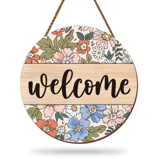 Whaline Vintage Boho Flower Wooden Hanging Sign Hello Welcome Wood Sign Spring Summer Colorful Floral Door Decor Wreath for Indoor Outdoor Porch Wall