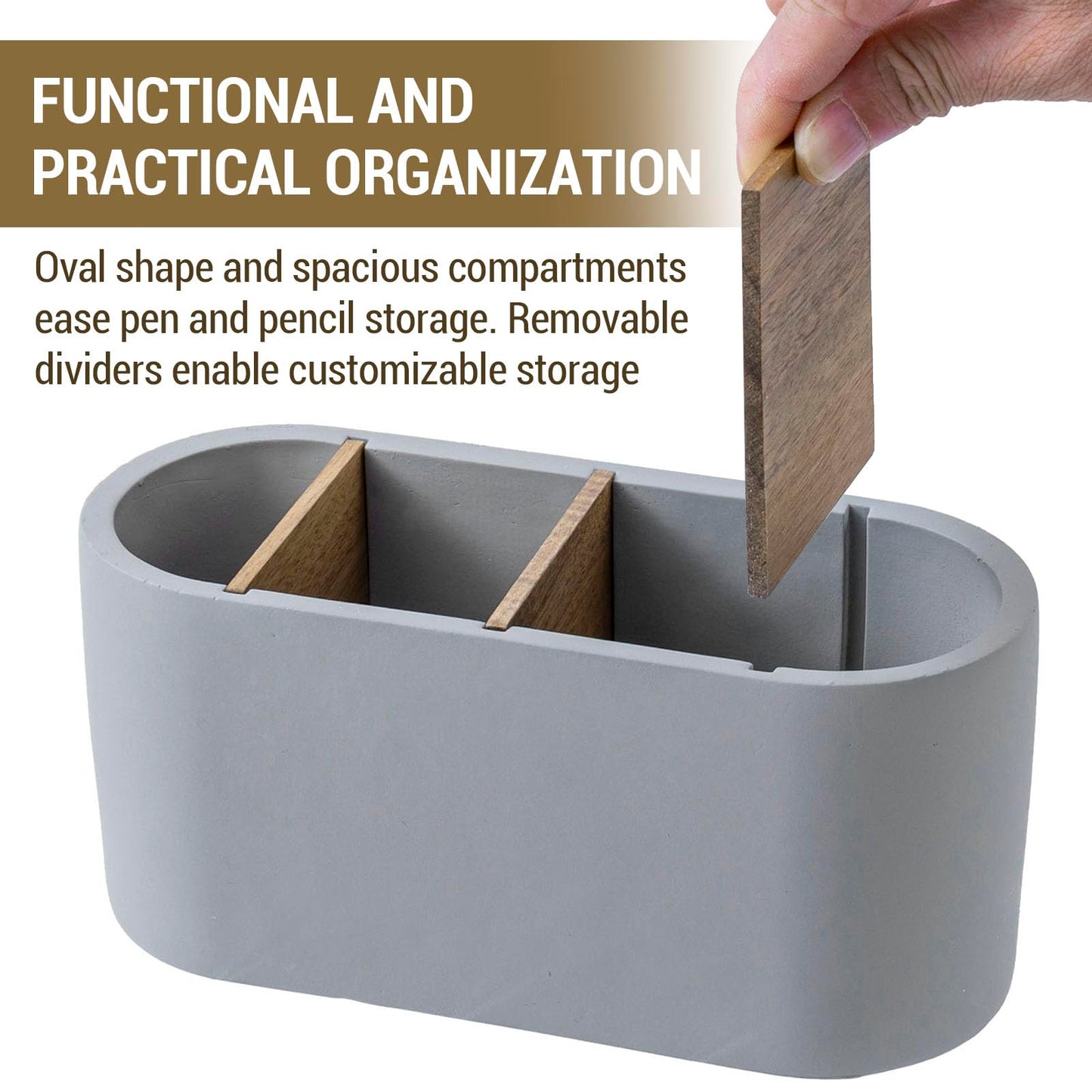 MyGift Pen Holder & Pencil Cup Modern Oval Gray Cement Desktop Office Stationery Organizer with Removable Acacia Wood Dividers