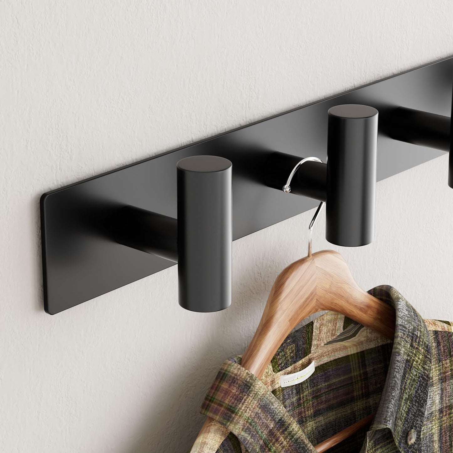 GWAAZXGZ Black Wall Mounted Coat Rack – 5 T-Shaped Pegs for Hats, Bags & Towels, Heavy-Duty Metal Rail for Entryway, Bathroom, Closet, Bedroom (1 Pack)