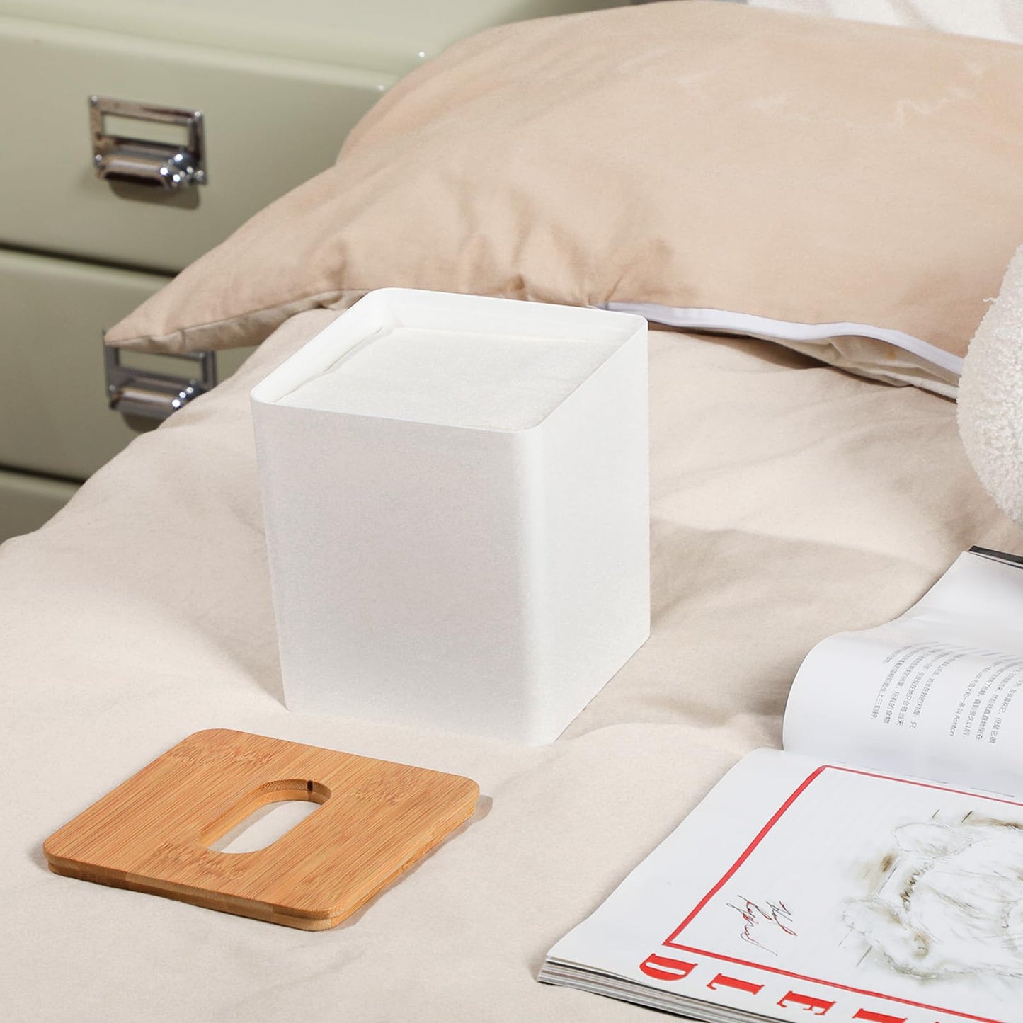 Tissue Box Cover Square,Tissue Box Holder with Bamboo Lid,Tissue Dryer Sheet Holder for Modern Farmhouse Boho Decor,1 Pack,(White)