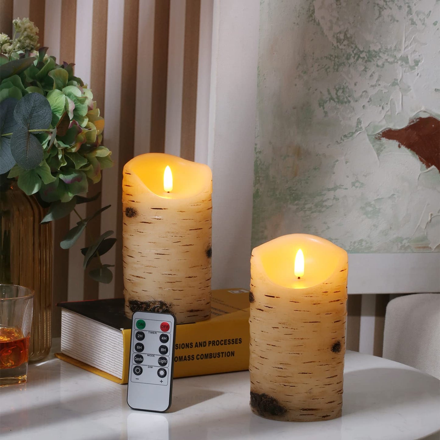 Flameless Candles LED Candles Birch Bark Effect Set of 2 (D:3.25" X H:6") Ivory Real Wax Pillar Battery Operated Candles with Dancing LED Flame 10-Key Remote Control and Cycling 24 Hours Timer…