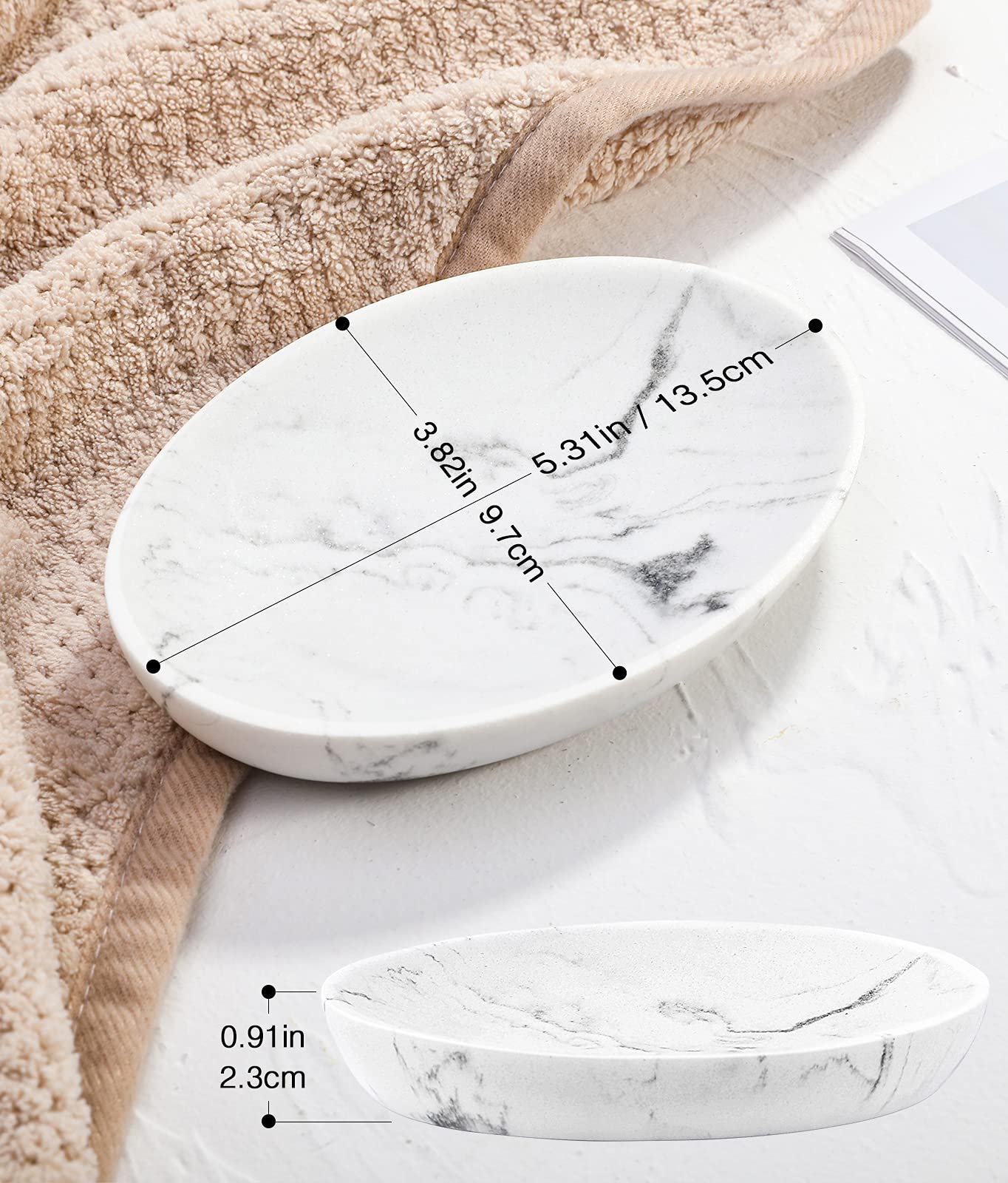 Luxspire Soap Dish, Resin Soap Tray Soap Holder Container Box, Marble Pattern Oval Soap Plate Case, Sponge Dish Scrubbers Tray Holder for Bathroom Vanity Shower Kitchen Sink Counter Top, Gravel White