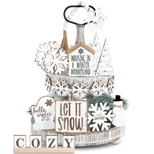 GlikCeil 19 Pcs Winter Tiered Tray Decor Snowflakes Wood Rustic Decoration Tiered Sign Table Centerpieces Without Tray for Tabletop Shelf Winter Xmas Home Party Gifts(Rustic)