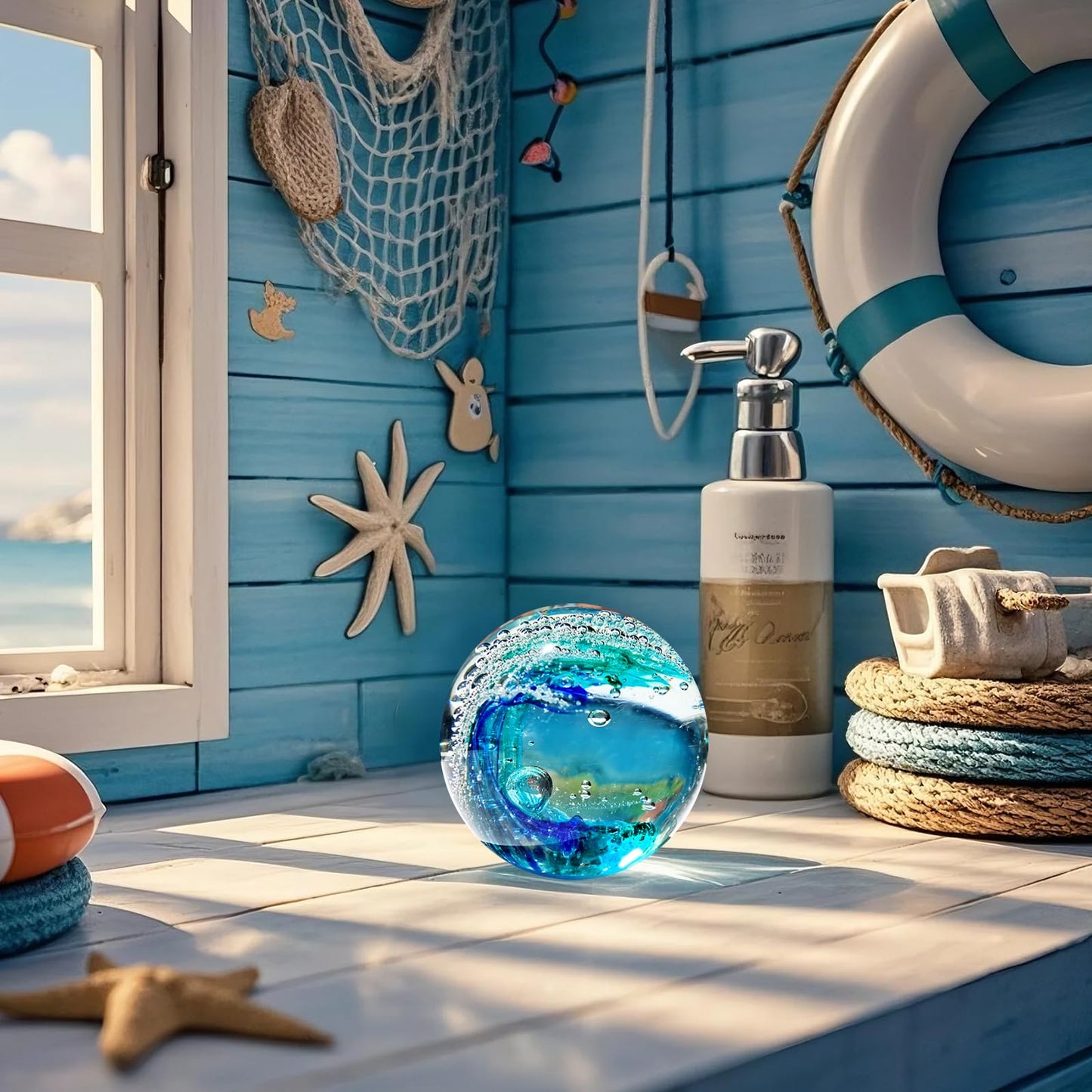 JUYOULE Hand Blown Ocean Wave Glass Ball ：Unique Gift for Beach Lovers，Beach Decorations for Home, Sea Glass Paperweight for Coastal Room Decor, Aquarium & Ocean Themed Decorations