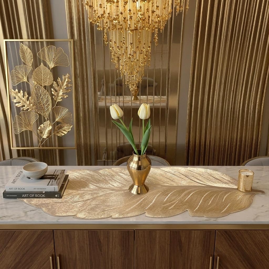 FAVE Gold Small Table Runner 36 Inch Heat Resistant Vinyl Table Cover for Dinner Party Wedding Decor (Leaves)