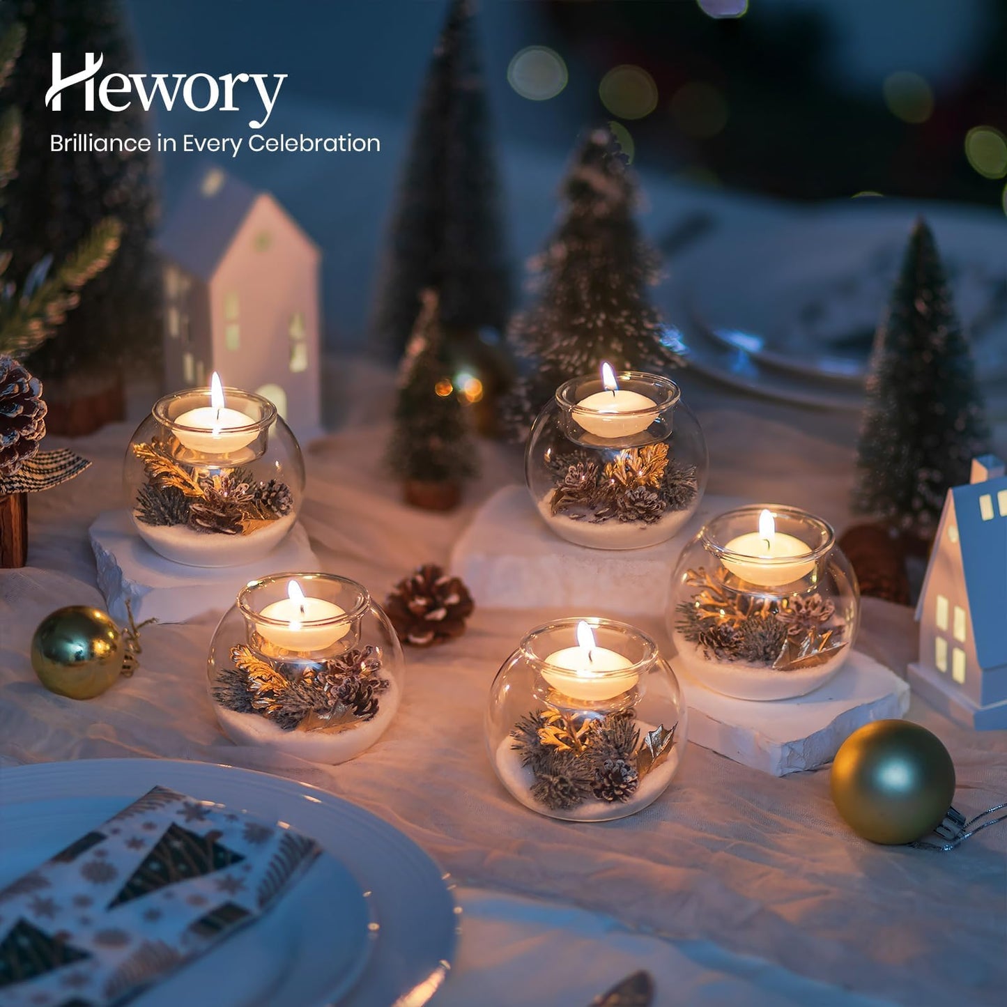Hewory Christmas Tealight Candle Holders: Set of 6 Glass Ball Tea Light Candle Holder with Golden Leaves and Needles, Christmas Table Decorations for Dinner Centerpiece Holiday Party Fireplace Mantle