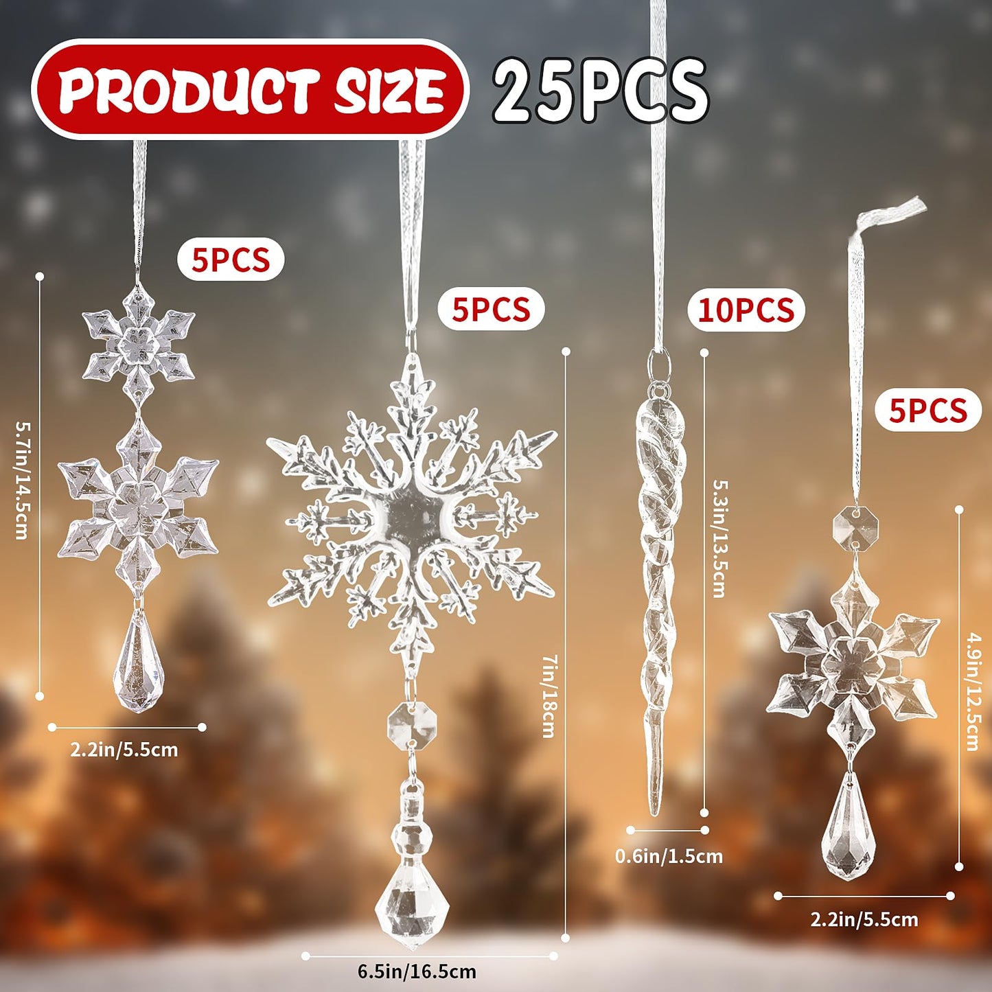 FOIMAS 25pcs Christmas Snowflake Icicle Ornament,Clear Acrylic Icicle Snowflake Drop Pendant Crystal Hanging Ornaments with Ribbon for Christmas Tree Home Decoration