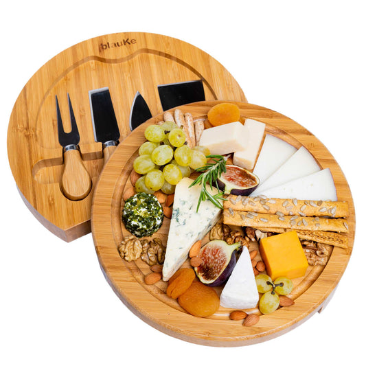 Bamboo Cheese Board and Knife Set - 10 inch Round Charcuterie Board, Serving Tray, Platter, Wood Cheese Set - Gift Idea - BlauKe®