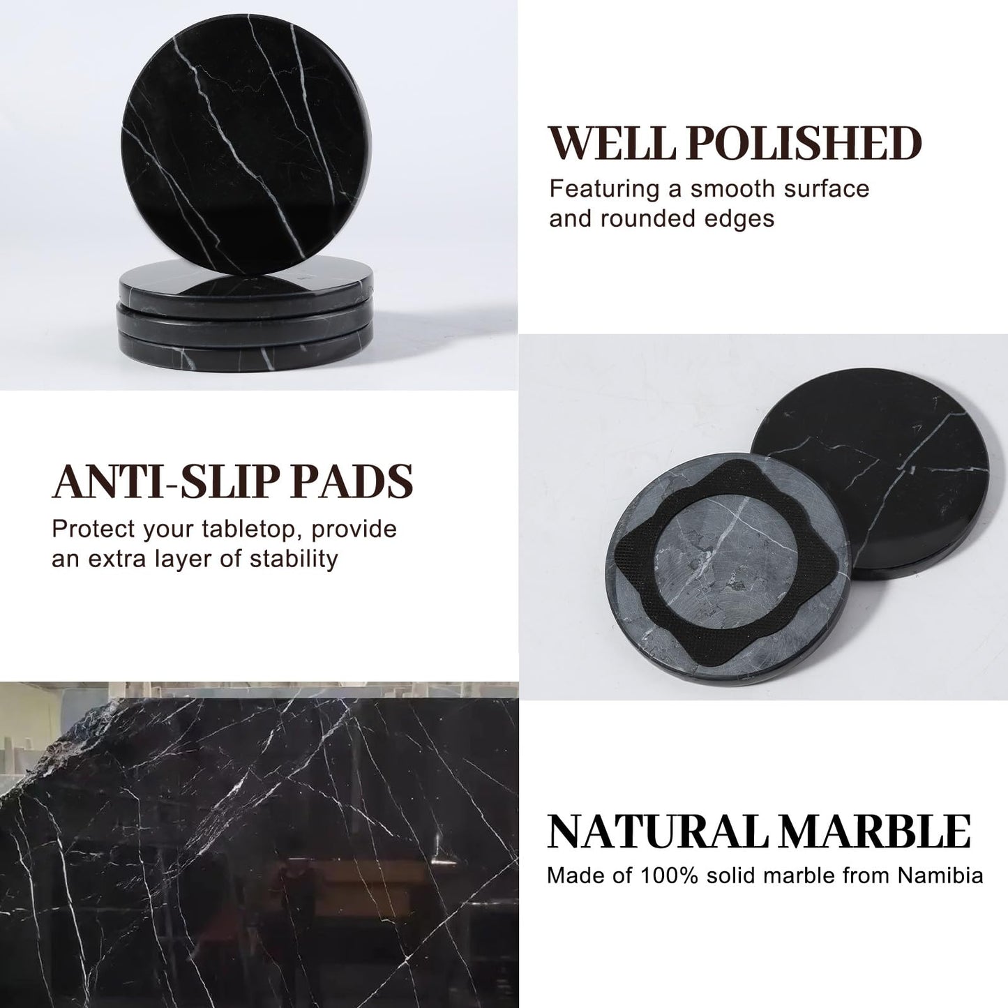 Koville Marble Coaster Set of 4, Round Coasters, 4" Stone Coaster for Drinks Coffee, White Marble Coasters for Coffee Table Home Bar Decor, Heat Resistant, Gift Choice(Black)