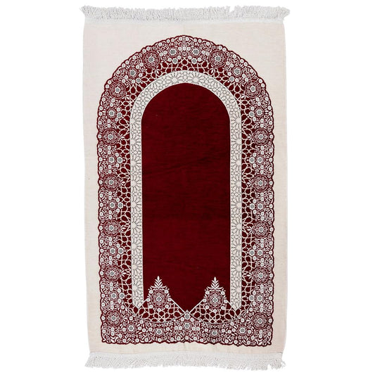 East West Souk Premium Velvet Islamic Prayer Rug – Classic Mihrab Design | Soft, Elegant & Travel-Friendly (Burgundy)