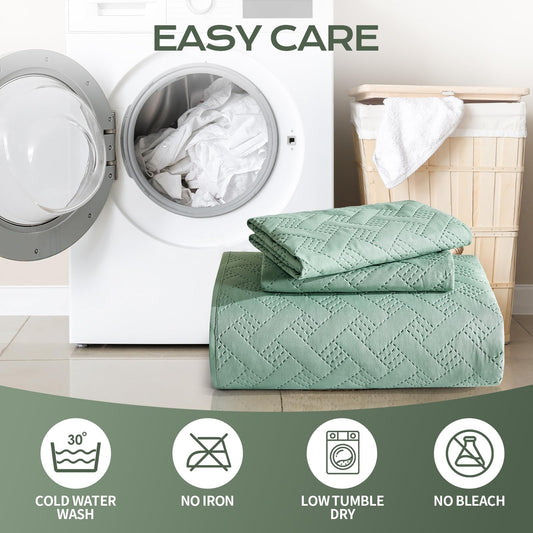 JYHOPE Sage Green Twin Quilt Set 68x90 Lightweight Microfabric Bedspread, 3-Piece Quilt Bedding with Pillow Shams, Summer Cooling Quilts, Ribbon Wrapped Gift