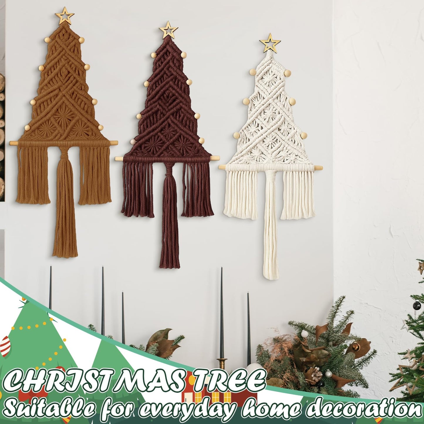HunnmingRe Neutral Christmas Tree 3 Set Macrame Christmas Wall Decoration Hanging Ornaments Boho Wall Decor for Party Supplies