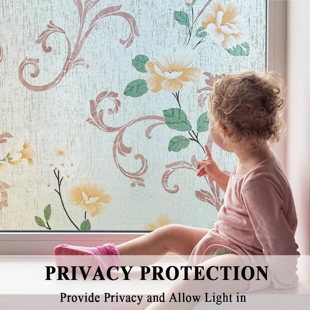 No Glue Window Films Elegant Flower Static Cling Glass Door Film Frosted Privacy Etched Tints Covers Decal,Anti-UV,Heat Control for Home and Office Decoration,17.5x78.7In.