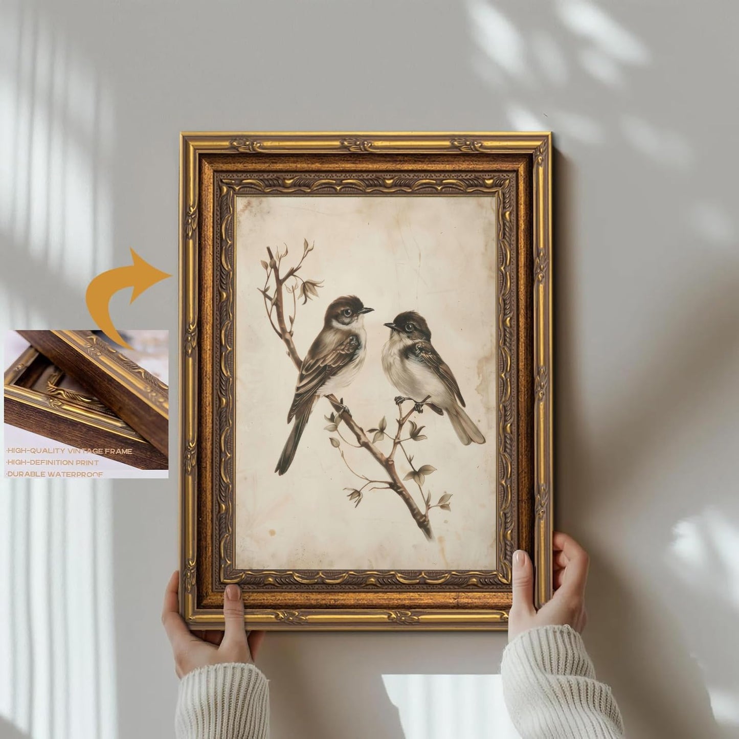 yunjulp Vintage Gold Framed Bird Wall Art, Birds in Love on a Branch Canvas Prints,Minimalist Antique Neutral Sketch Painting Picture Rustic Farmhouse Wall Decor for Bathroom Bedroom 9" x 11"
