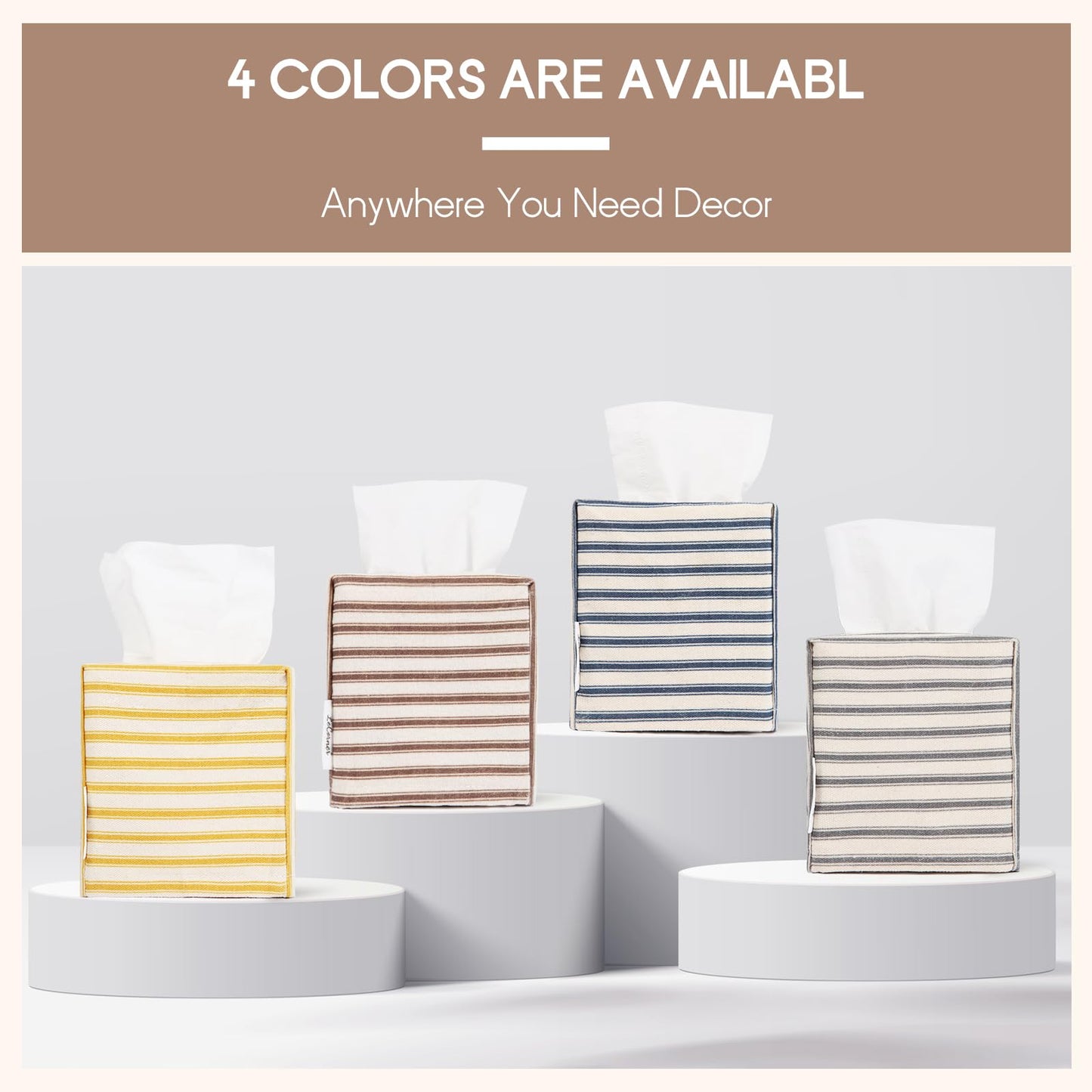 Tissue Box Cover, Fabric Tissue Box Holder Square, Stylish Reusable Toilet Paper Storage, Modern Bathroom Counter Organizer Decorations Accessories,Ticking Stripe 5''x5''x5'' (Light Brown)