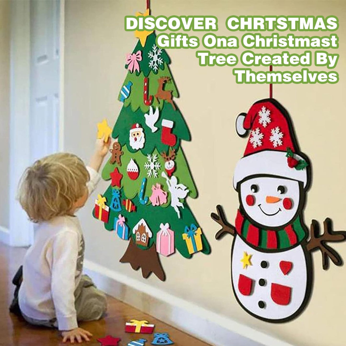 NUOKOU Montessori Felt Christmas Tree for Toddlers, DIY Felt Christmas Tree Set with 32pcs Detachable Ornaments and Lights