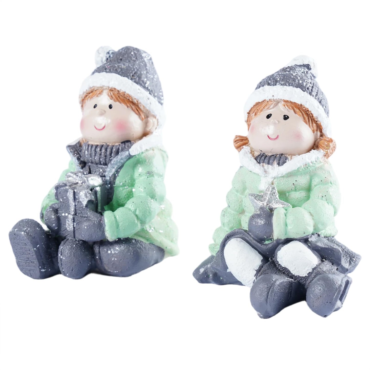 Brizoria Christmas Mini People Figurines Set of 2 Boy and Girl Winter Decorations Indoor Resin Little People Figures Miniature Figurines for Holiday Tabletop Diorama Crafts