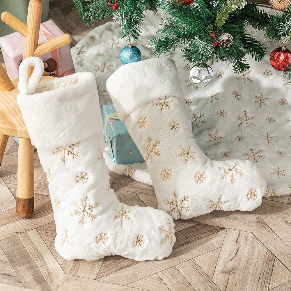 SherryDC White Plush Christmas Stockings 2 Pack, 19" Silver & Gold Snowflake Sequin Embroidered Fireplace Hanging Stockings Set for Christmas Decoration