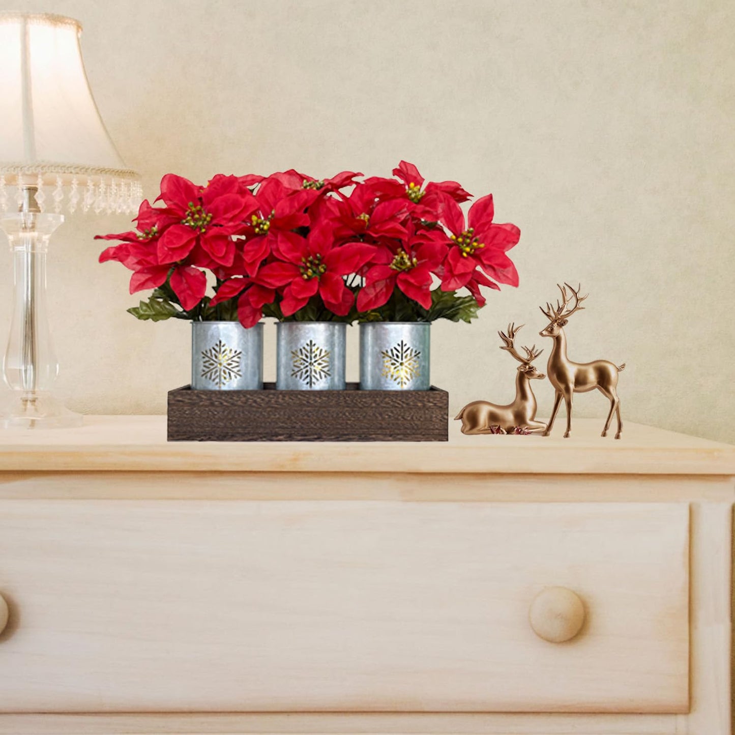 HEMYLU Poinsettias Artificial Christmas Flowers with LED Lights, Red Xmas Table Centerpiece in Pots and Wood Box for Decoration