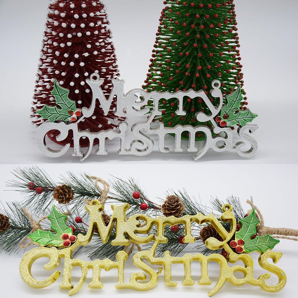 Merry Christmas Signs, 2Pcs Christmas Word Glittery Hanging Signs with Holly Berries and Leaves for Xmas Holiday Party Home Decoration. (Gold+Silver)