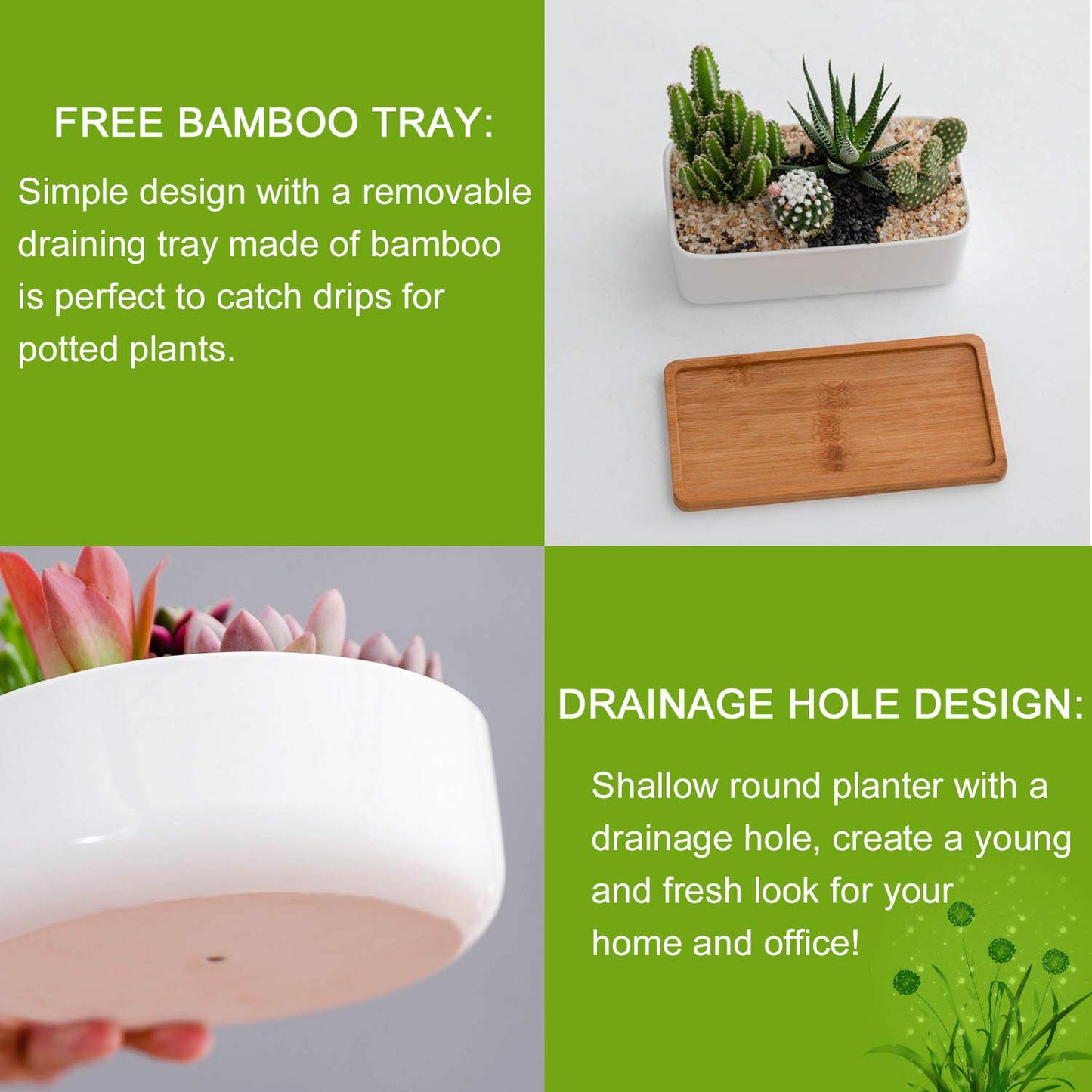 DeeCoo Succulent Pots, White Ceramic Flower Succulent Planters Pot with Bamboo Tray, 1 Rectangle Flower Pot + 1 Round Flower Pot 6.5" Drainage Hole for Cactus