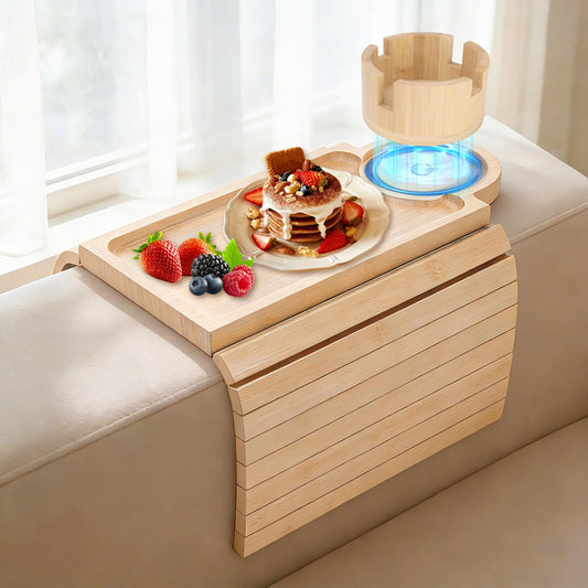 Couch Cup Holder Tray, 3-in-1 Bamboo Couch Armrest Table with 360° Rotating Magnetic and Detachable Phone Holder Stand, Foldable Anti-Slip Sofa Arm Tray for Remote, Phone, Snacks and Drinks
