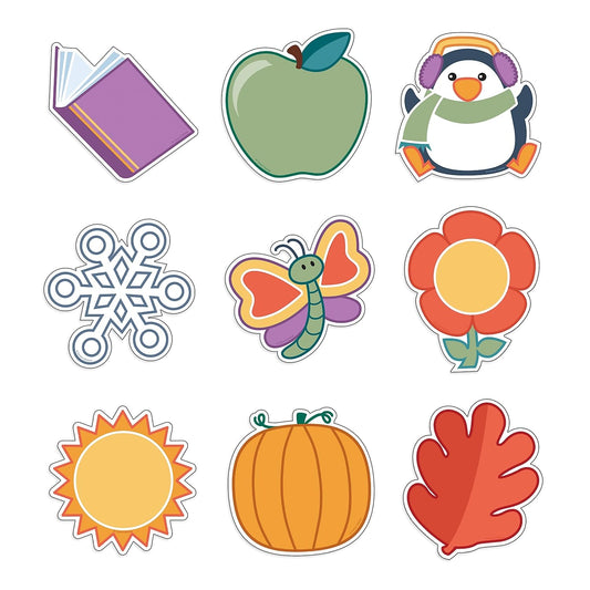 Carson Dellosa 150PC Summer, Fall, Winter, Spring Decor, Autumn Leaves, Snowflake, Hearts, Pumpkin, Sun Umbrella, Flower Cutouts, Bulletin Board, Locker, Christmas, Halloween, Thanksgiving Decorations
