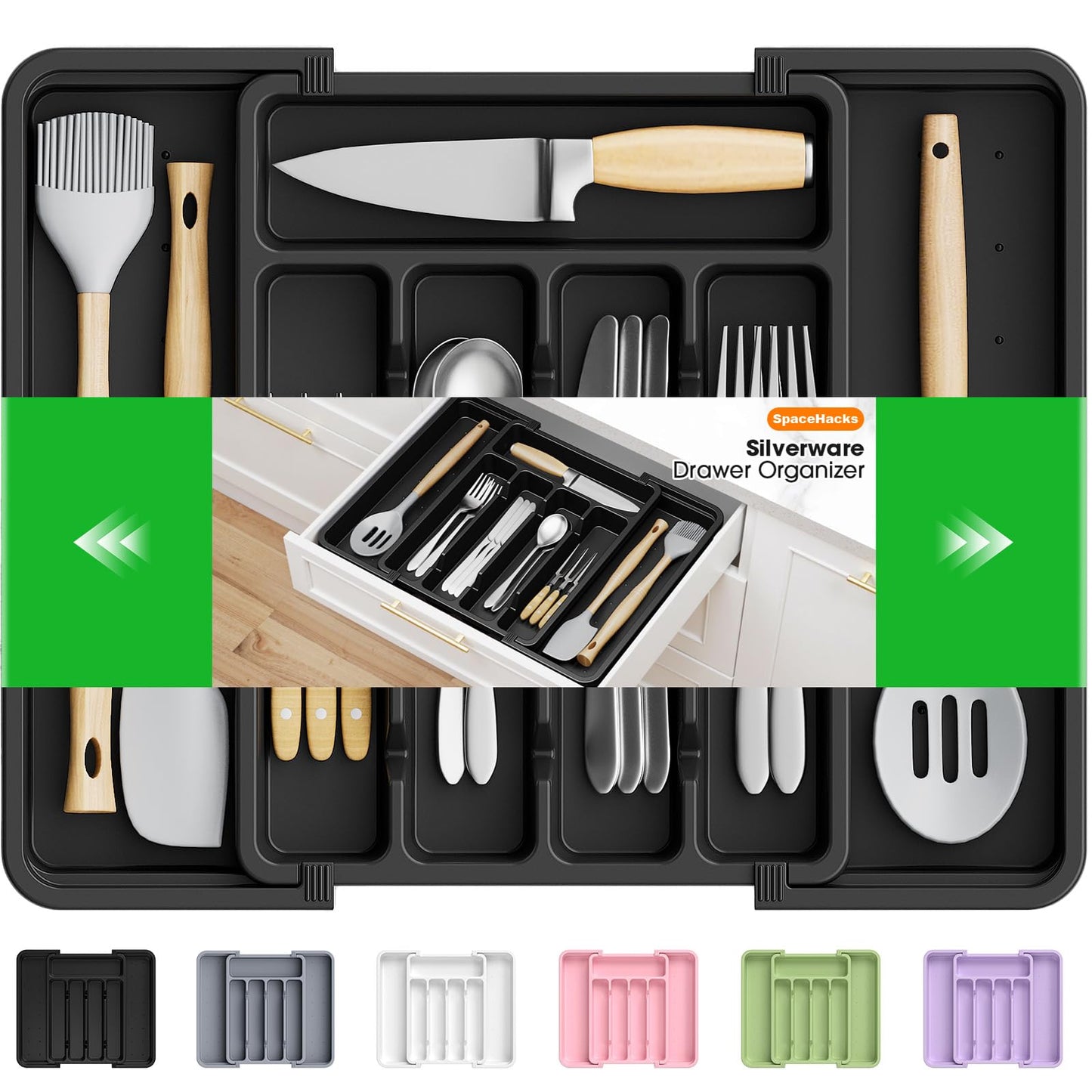 SpaceHacks Silverware Organizer，Adjustable & Expandable Utensil Drawer Organizer, BPA Free Utensil Holder, Cutlery Tray for Forks, Spoons, Knives in Kitchen, Medium, Black