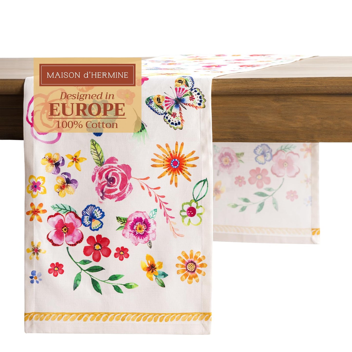 Maison d' Hermine Table Runner 100% Cotton Single Layer Table Runners 108 inches Long Decorative for Home Kitchen Dining Party Gifts for Mothers Day Spring Summer (Happy Florals - Sweety)