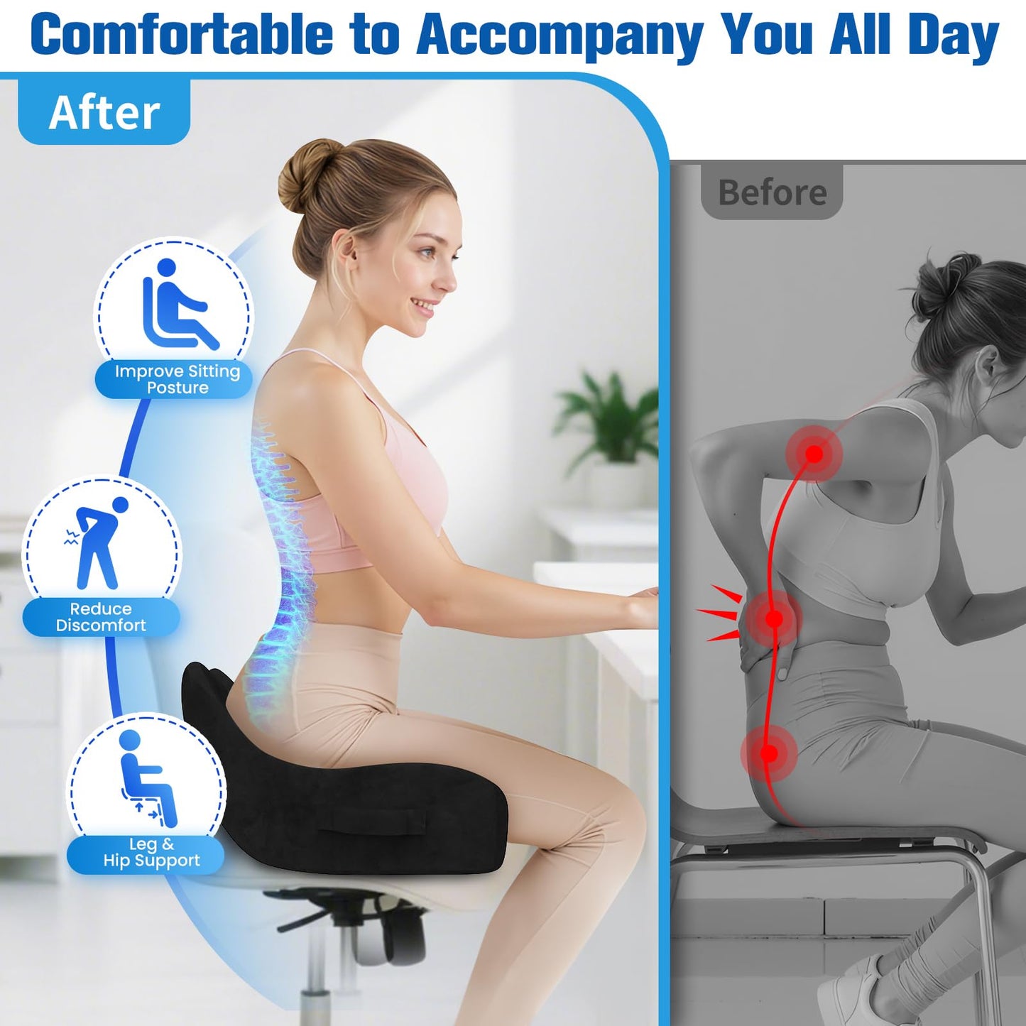 DailyCuddles Seat Cushion, Chair Cushions for Office Chairs/Desk Seats/Wheelchair - Hip&Sciatica&Tailbone Pain Relief Memory Foam Office Chair Cushion for Long Sitting Office Workers, Black