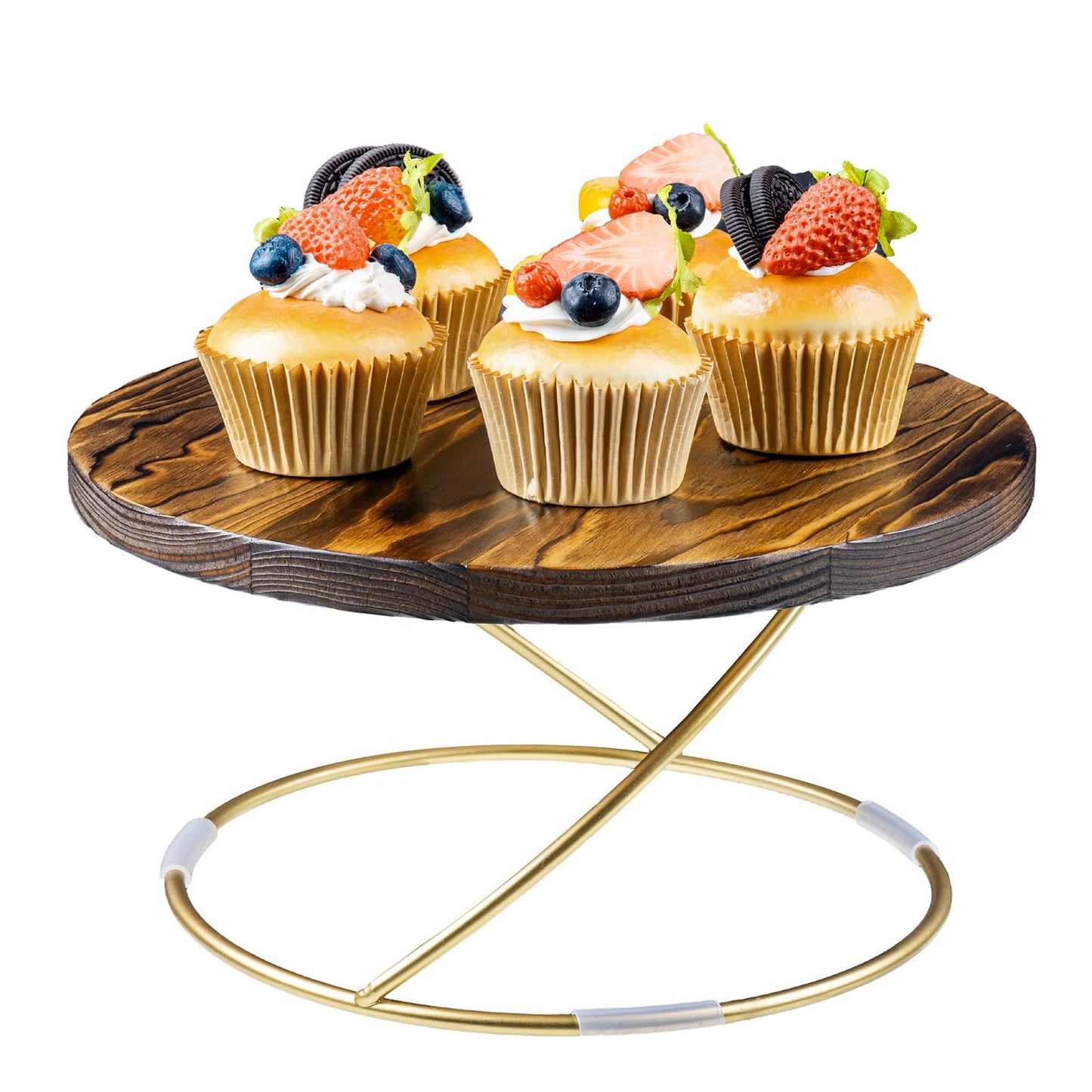 MyGift 11-Inch Round Pizza Pan Pedestal Stand – Rustic Burnt Wood with Gold Tone Metal Wire Base Display Riser, Ideal for Wedding, Party, Dessert, Cake, Cupcake, and Pie Display