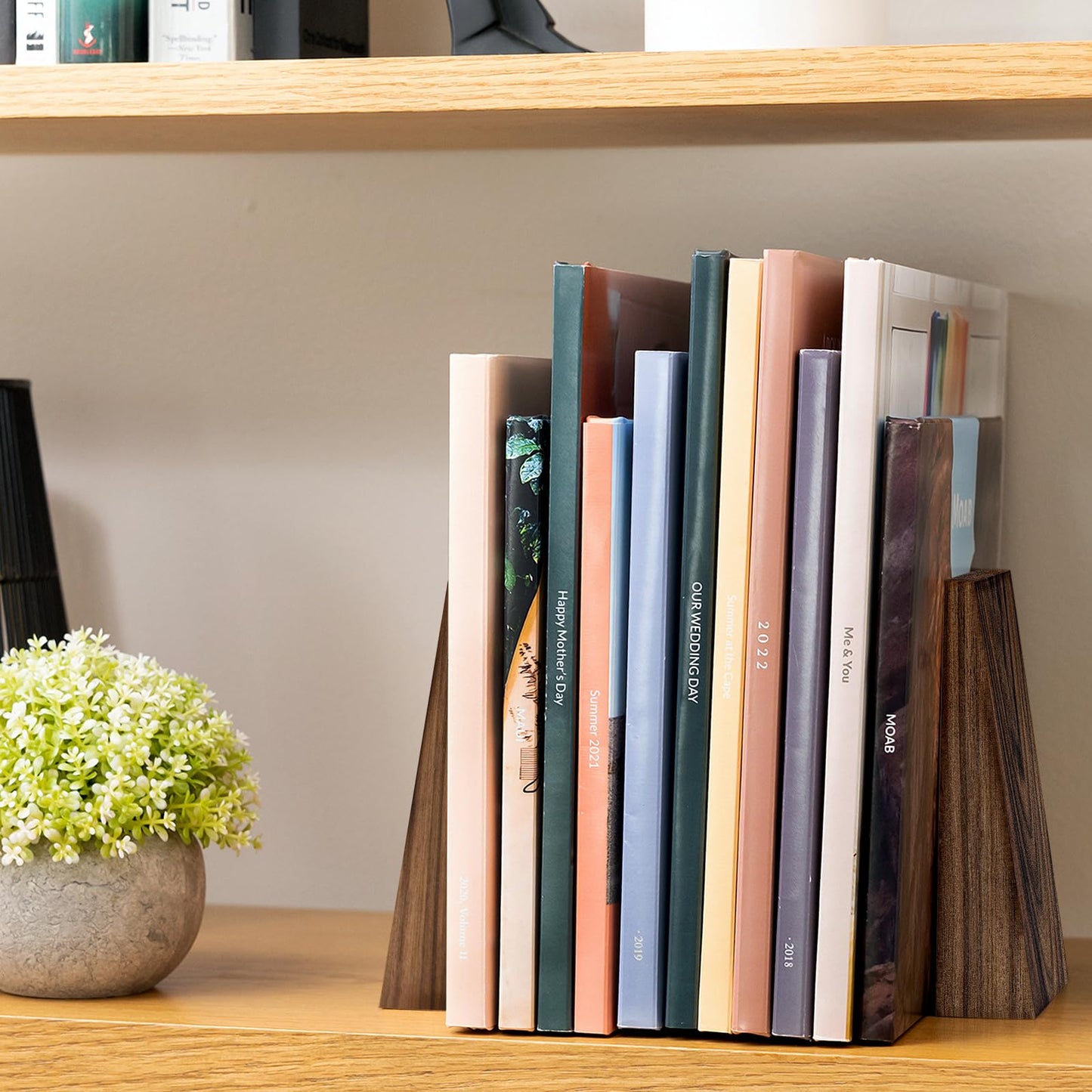 Luxdecor Walnut Book Ends Hold Heavy Books-6x5x4in Wood Bookends for Office Desk Non Skid, Decorative Walnut Bookend 2pack, Triangle Style