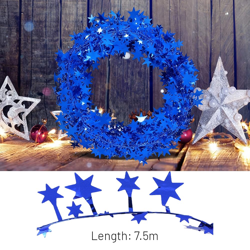 Sunicon Sparkly Star Tinsel Garlands with Wire, 7.5m Star Tinsel Garlands Christmas Star Wire Garland Decorations for Christmas Tree, Home, Wedding, Birthday, Party, Festive Ornament(Blue)