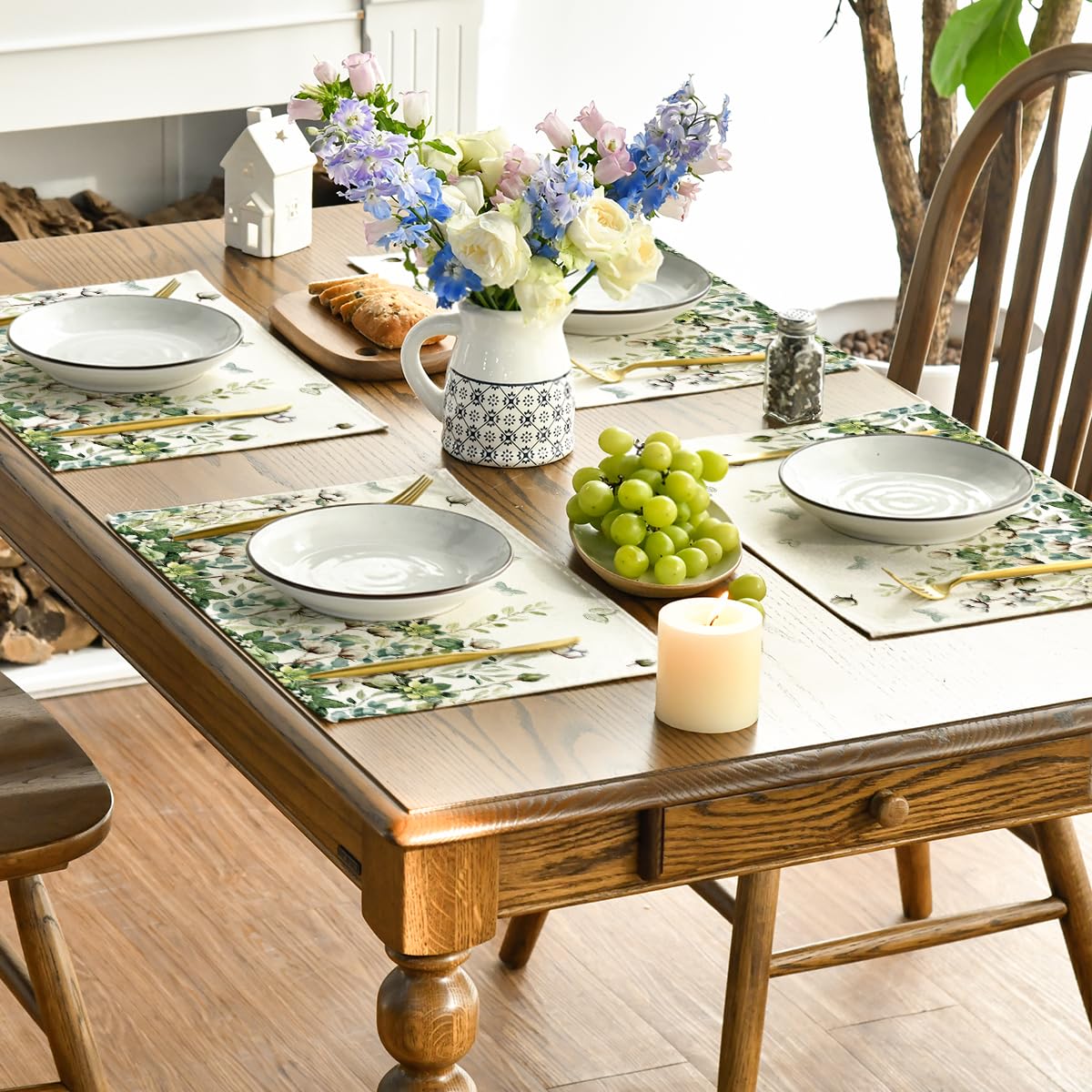 Artoid Mode Cotton Plant Leaf Butterfly Spring Placemats Set of 4, 12x18 Inch Seasonal Summer Holiday Table Mats for Party Kitchen Dining Decoration