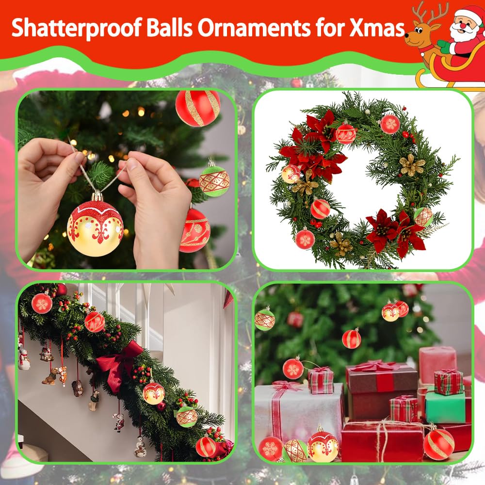 CAVETEE Christmas Ornaments,Glittering Shatterproof Traditional Country Hanging Decor for Xmas Holiday Party Christmas Tree Ornaments Party Decorations (16, Red&Green&Gold)