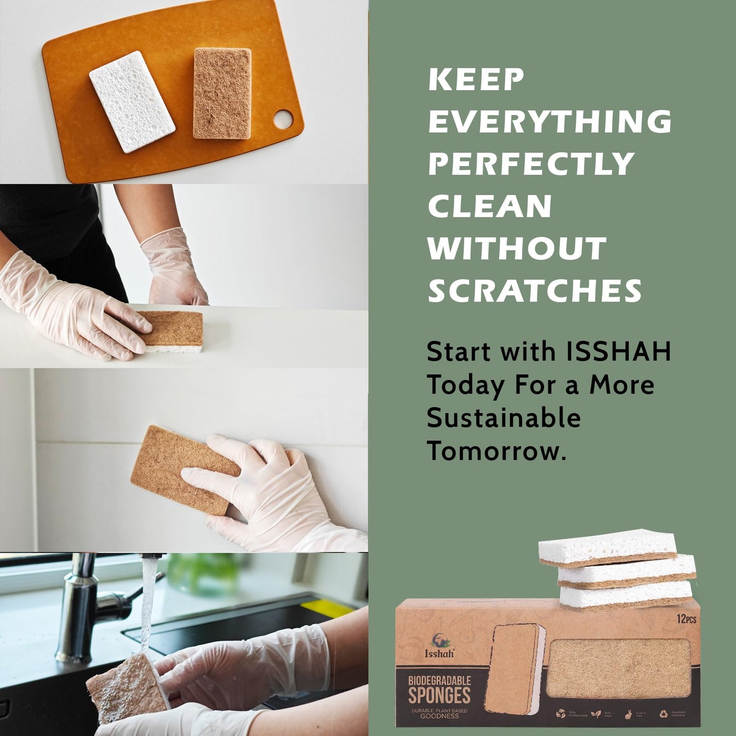 Isshah Plant-Based Kitchen Sponges - Natural, Eco-Friendly, Biodegradable Sisal Hemp Sponges for Dishes, Cleaning Sponge for Kitchen, Bathroom, Household - 24 Count