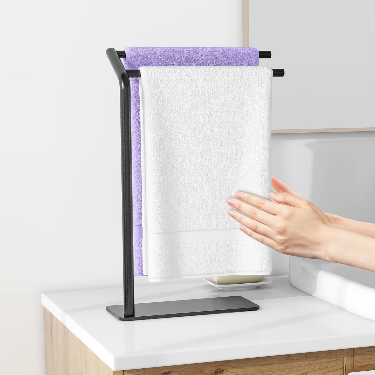 LSK Hand Towel Stand, Black Bathroom Towel Holder Stand, Curved F-Shaped Countertop Towel Stand with Heavy Base, 16.6 Inch
