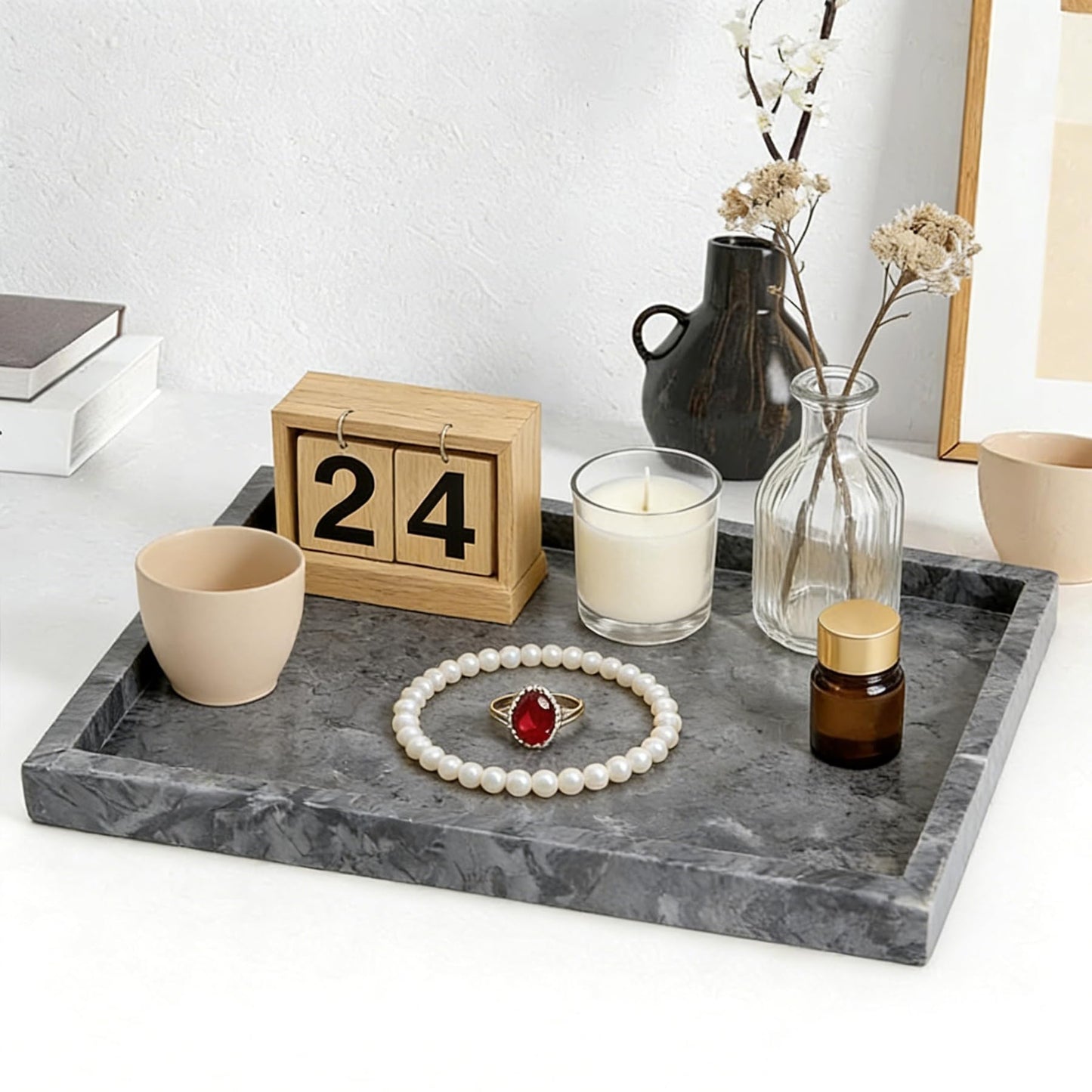 Natural Marble Tray, Stone Tray for Bedroom/Bathroom/Kitchen/Vanity Countertop, Jewelry Tray for Rings Earrings Necklace Bracelet Watch, Room Decor Aesthetic
