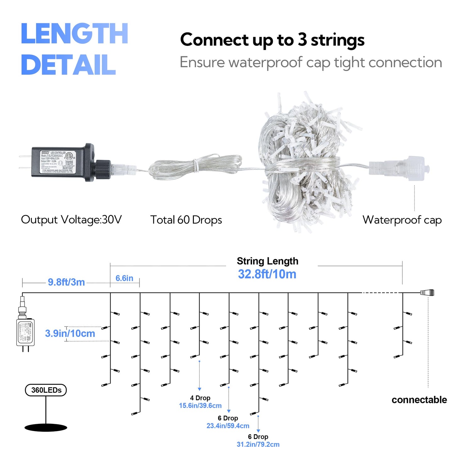 Hopolon 33FT 360L LED Christmas Icicle Lights Outdoor Waterproof,8 Modes Plug in Curtain String LIghts With 60 Drops,Christmas Lights for Wedding,Party,Bedroom,Home,Garden,Wall Decorations(Blue White)