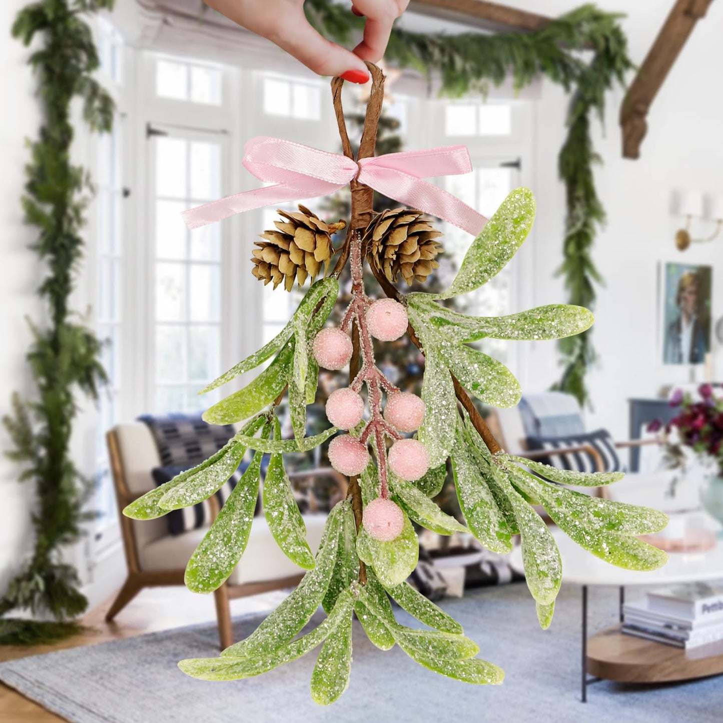 Christmas Mistletoe Decorations Frosted Artificial Mistletoe Ornaments with Bows Berries Pine Cones Snowy Fake Hanging Kissing Plant Stems for Xmas Tree Picks Doorway Holiday Decor (2, Pink)