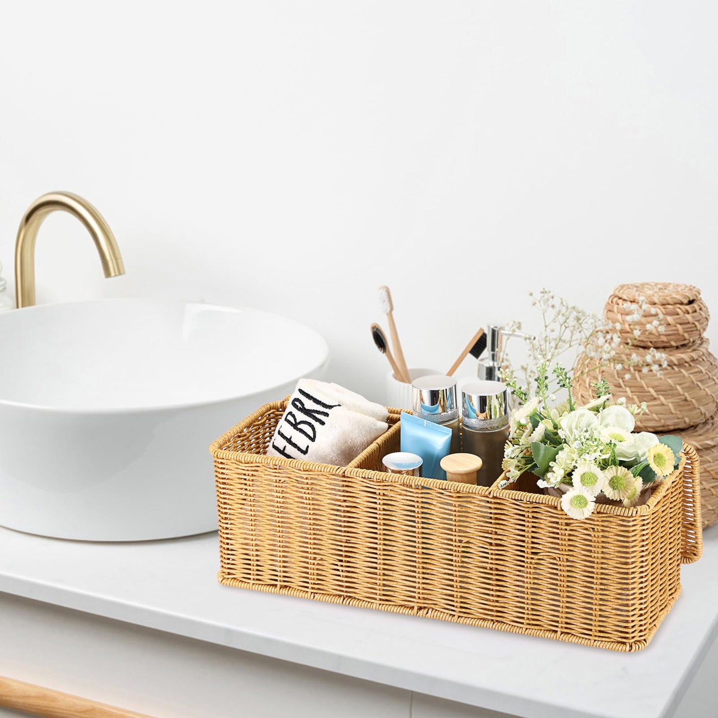 Sumnacon Wicker Storage Basket with Lid, Rectangular Narrow Baskets for Bathroom, Farmhouse Imitation Rattan Bin with Dividers, Decorative Handwoven Tray Organizer for Countertop Shelves Toilet Tank