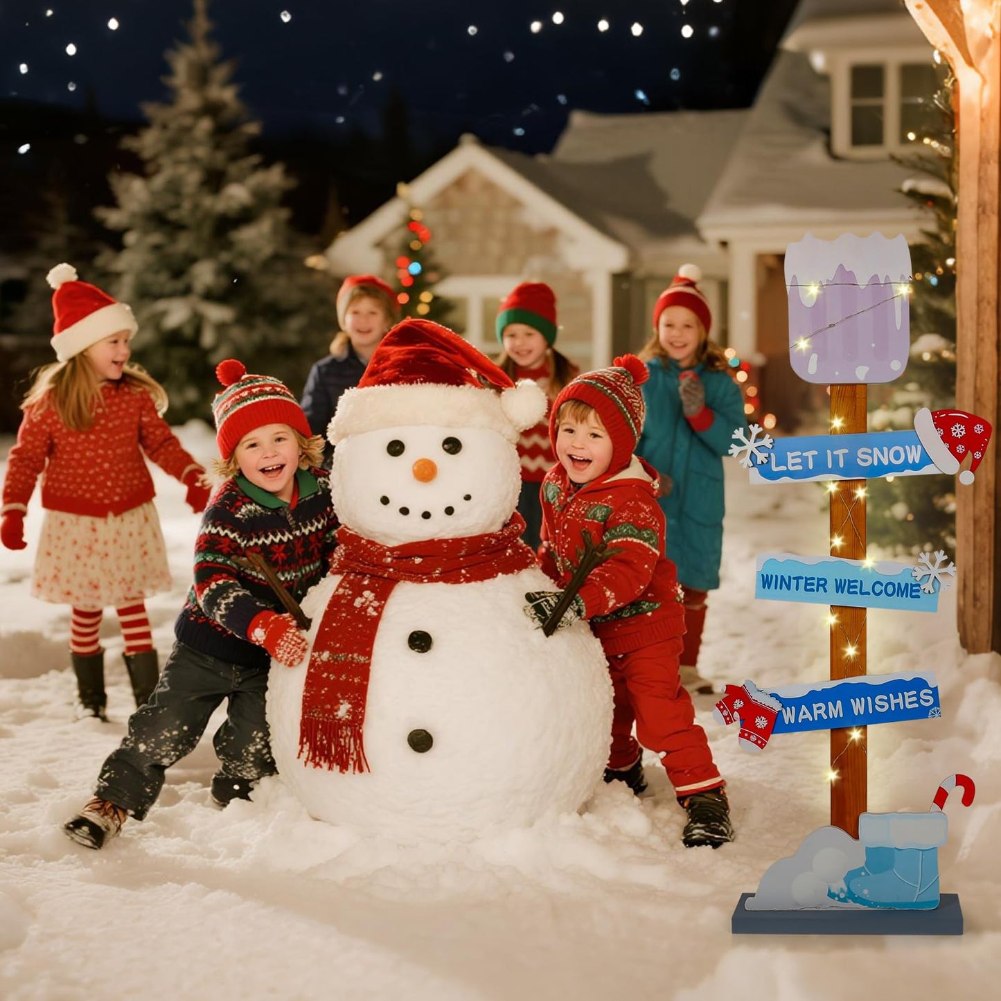 Lighted Wooden Winter Porch Sign | Let It Snow Winter Welcome Porch Decor |Xmas Hat Gloves Candy Cane Wood Signs for Winter Wonderland Bule Decorations