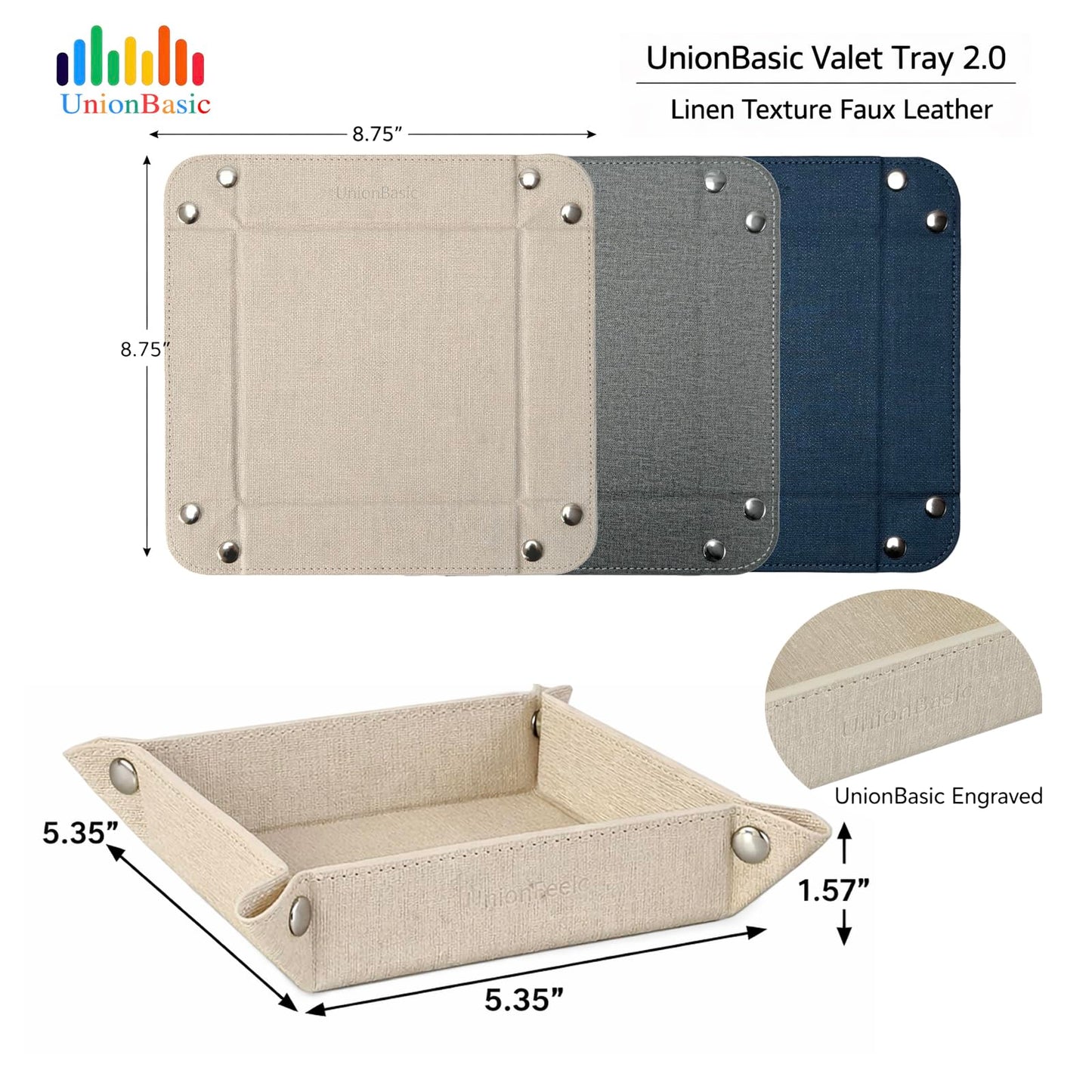 UnionBasic Small Valet Tray, Jewelry Tray for Rings Watches Earrings, Entryway Catchall Caddy for Coins Keys Change, Nightstand Bedside Valet Holder, Trays for Electronic Gadgets, Beige