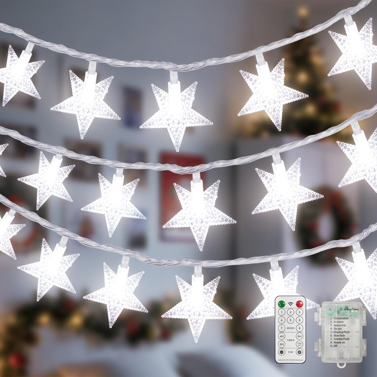 LAMPHOME White Star LED String Lights, 16ft 50 LED Star Fairy Lights with Clear Wire, 3AA Waterproof 8 Modes & Remote, Decorative Lights for Christmas Easter Tree Bedroom Wedding Party